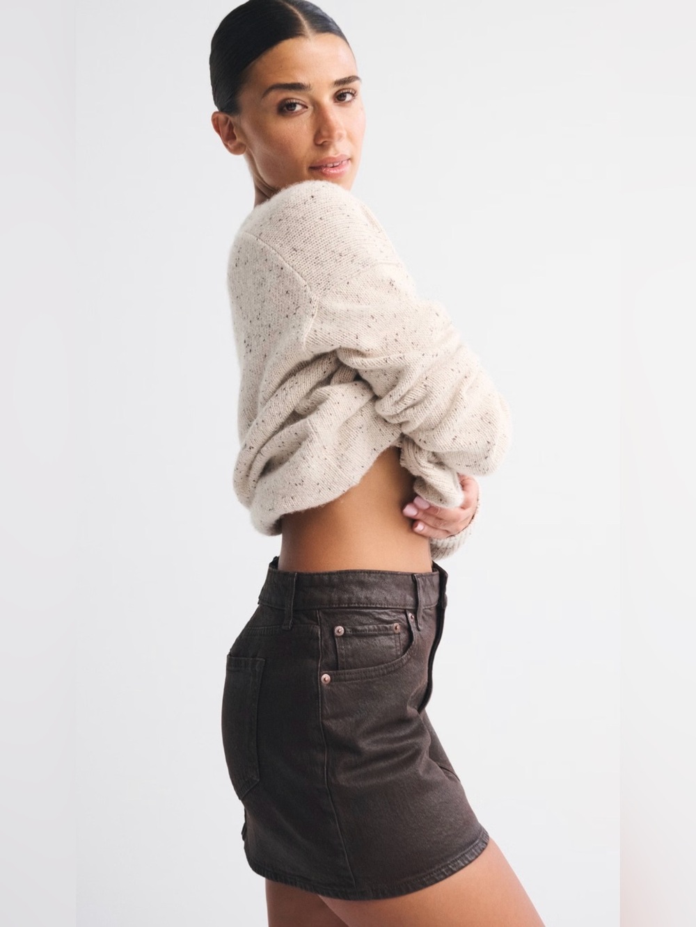 🤎 New 🤎 Brown Abercrombie & Fitch Curve Love Mid Rise Denim Mini Skirt - Picture 6 of 14